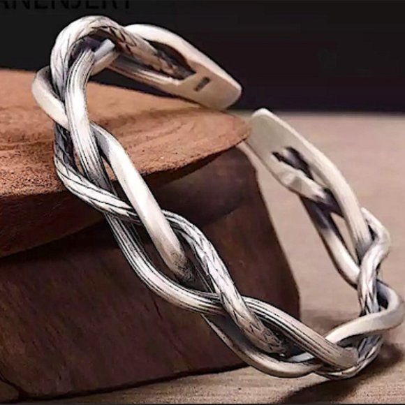 STERLING SILVER BRAIDED UNISEX BANGLE BRACELET - Picture 1 of 10